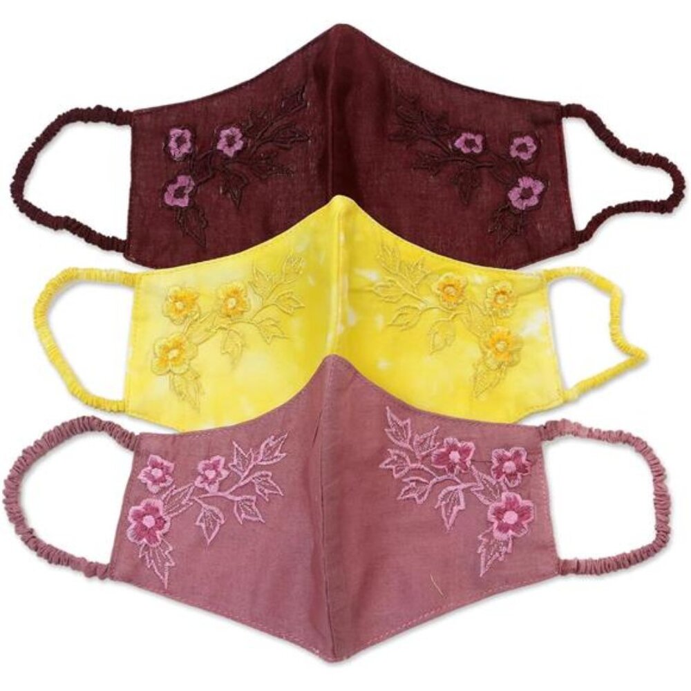 Artisan Handmade Embroidered Cotton Face Masks 3 Colorful Floral